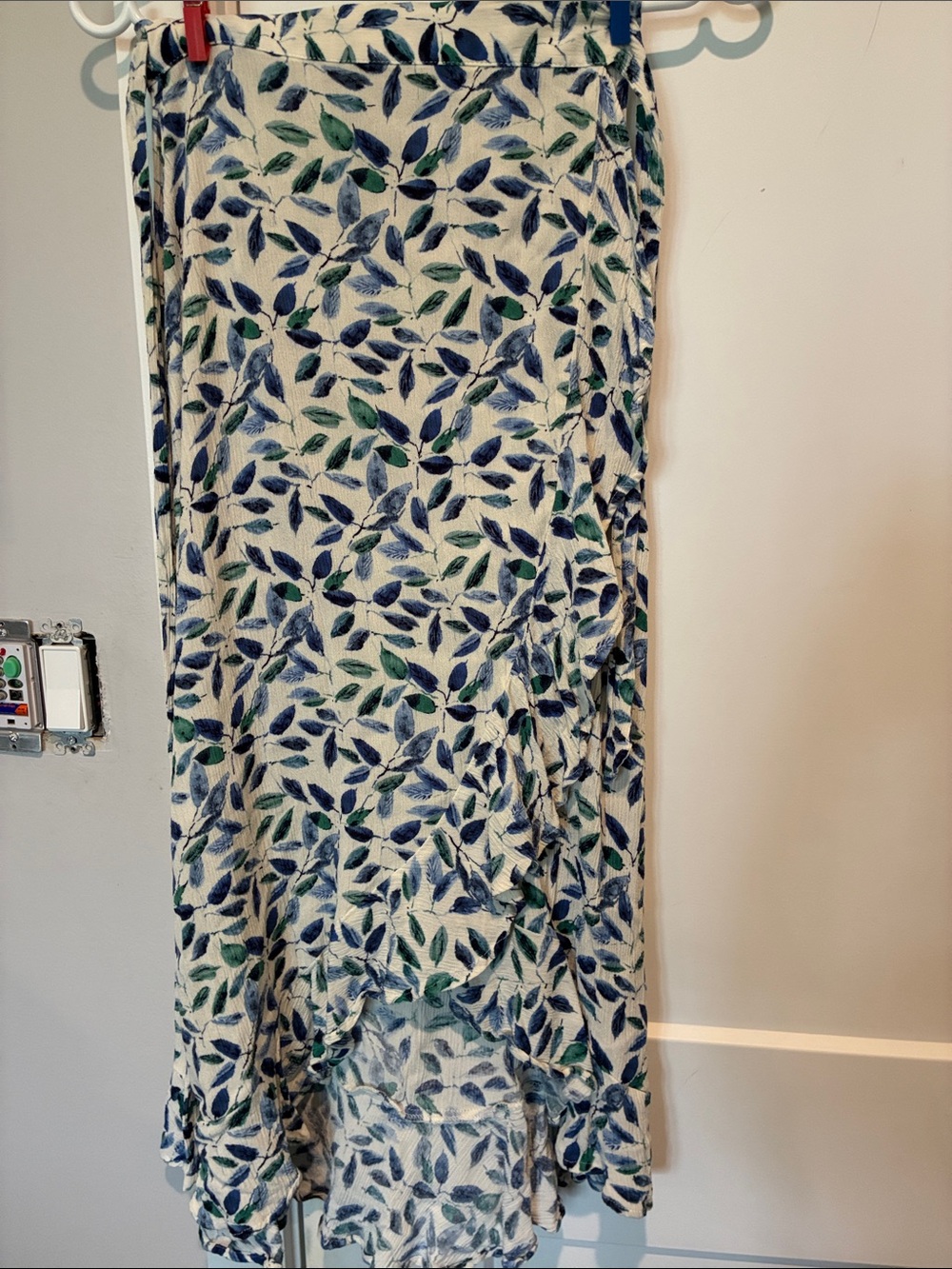Leaf Print wrap Maxi Skirt in white with Blue & Green Leaves.  B20